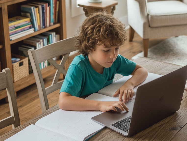 Child smiling during online lesson